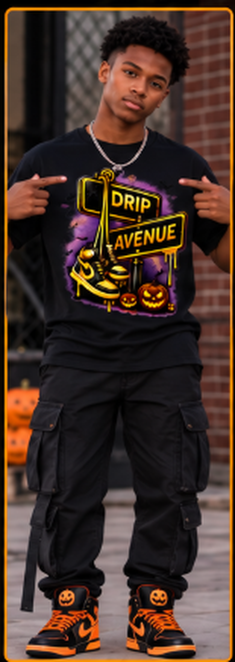 Youth model wearing a black Drip Avenue Halloween graphic tee, black cargo pants, and orange-accented high-tops
