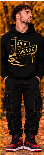 Full-body men’s model 5 wearing a Drip Avenue Fall hoodie