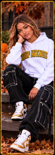 Full-body youth model 5 wearing a Drip Avenue Fall hoodie