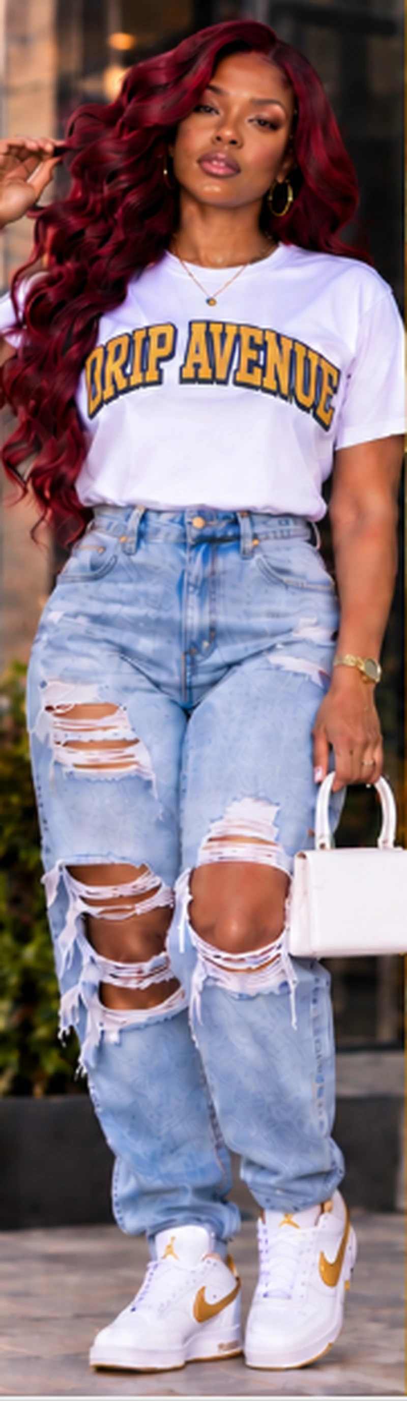 Full-body model wearing Drip Avenue women’s streetwear look 4