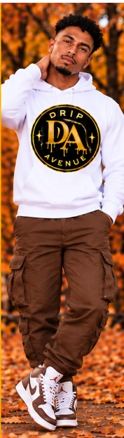 Full-body men’s model 6 wearing a Drip Avenue Fall hoodie