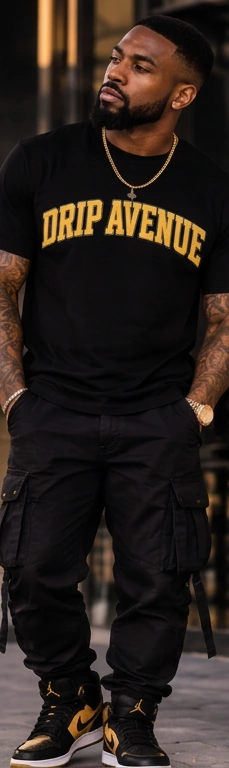 Full-body model wearing Drip Avenue men’s streetwear look 1