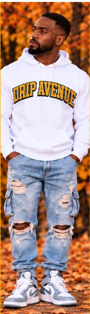 Full-body men’s model 4 wearing a Drip Avenue Fall hoodie
