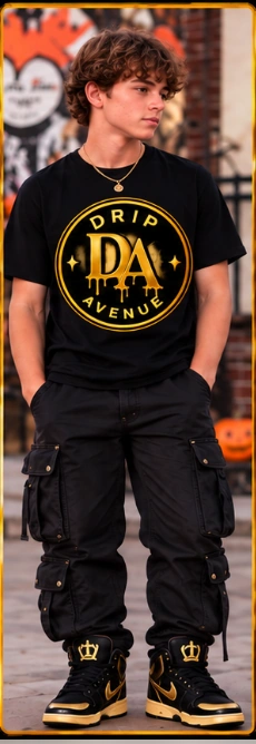 Full-body youth model wearing Drip Avenue streetwear look 4
