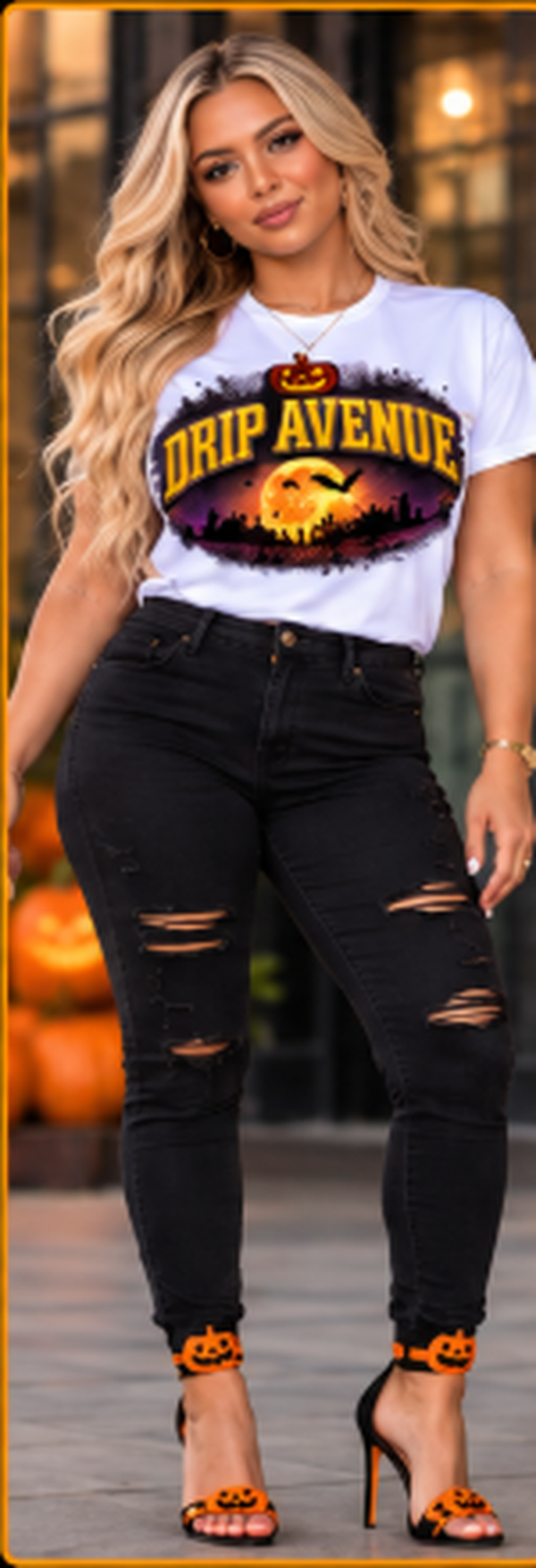 Woman wearing a white Drip Avenue Halloween graphic tee, black distressed jeans, and orange-accented heels
