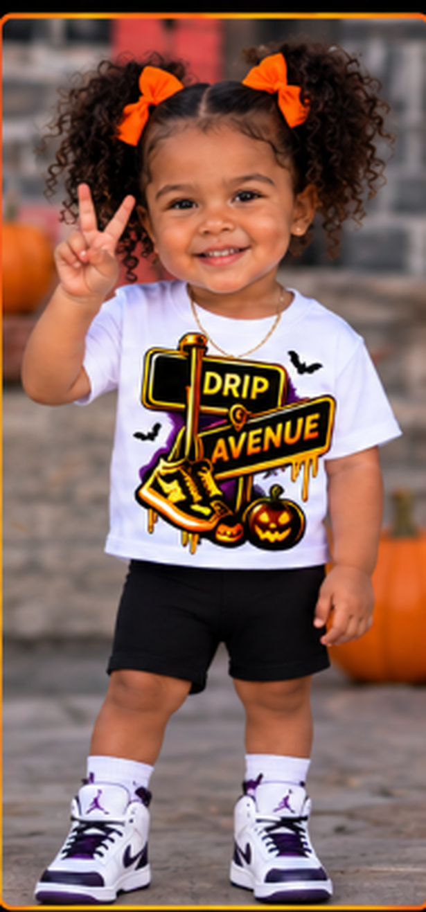 Toddler girl wearing a white Drip Avenue sneaker graphic shirt, black shorts, orange bows, and white high-tops