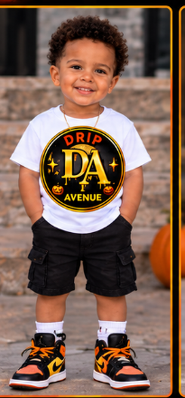Toddler boy wearing a white Drip Avenue DA logo shirt, black shorts, and orange-accented sneakers