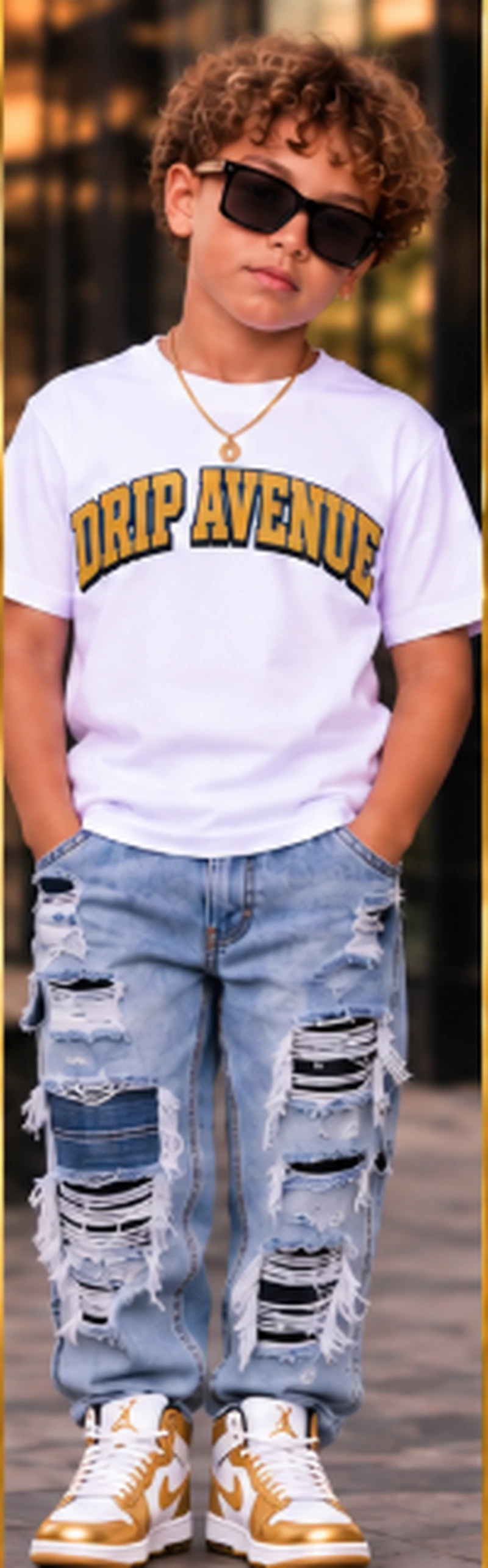Full-body youth model wearing Drip Avenue streetwear look 4