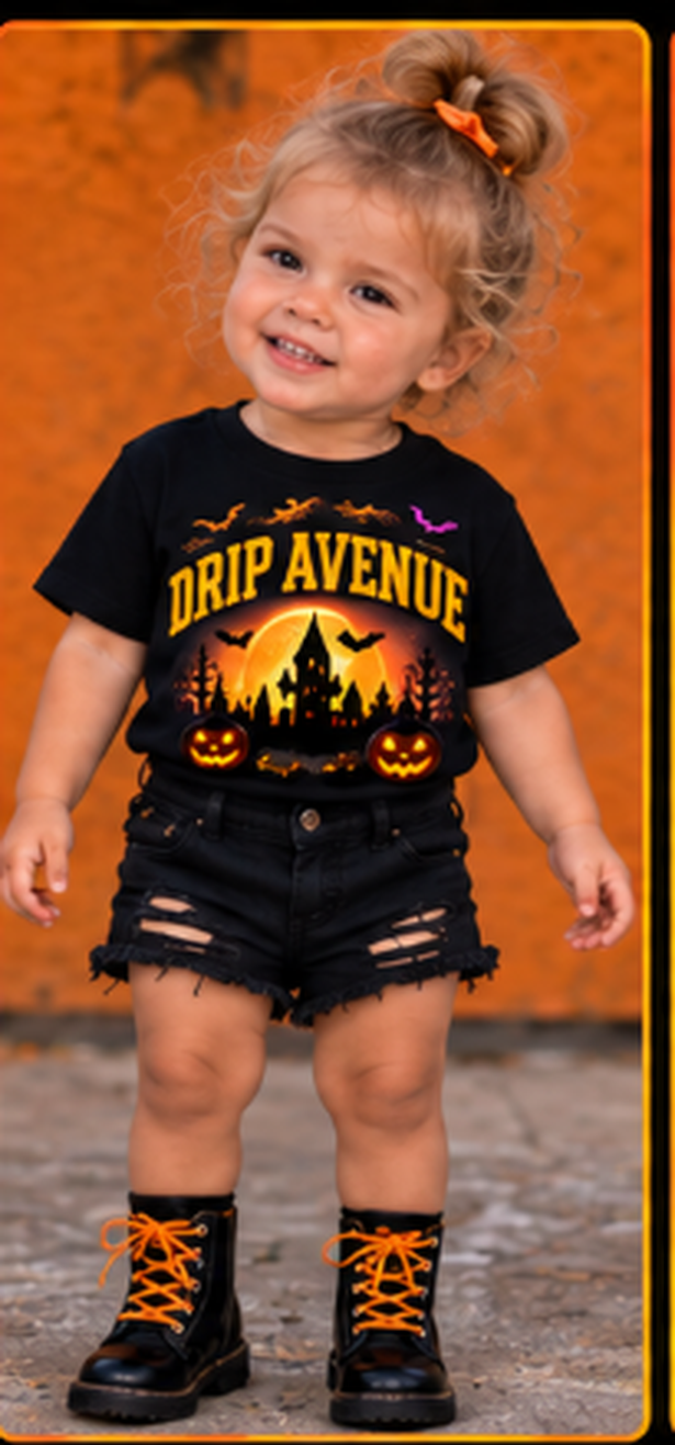 Toddler girl wearing a black Drip Avenue Halloween graphic shirt, black shorts, an orange bow, and black boots