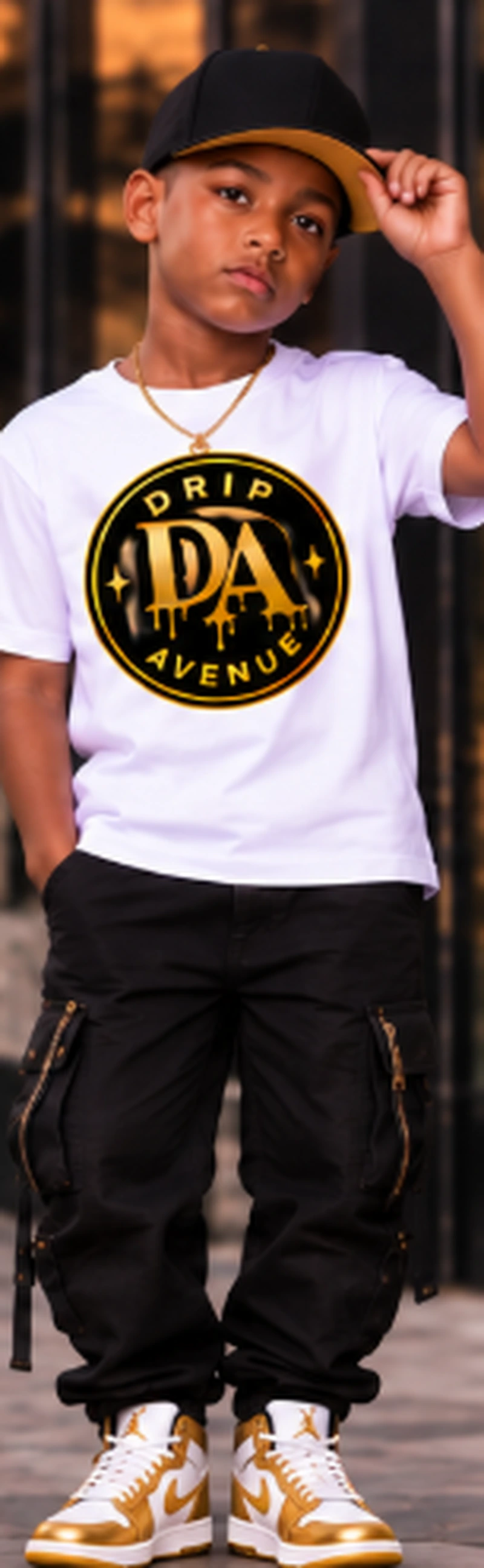 Full-body youth model wearing Drip Avenue streetwear look 6