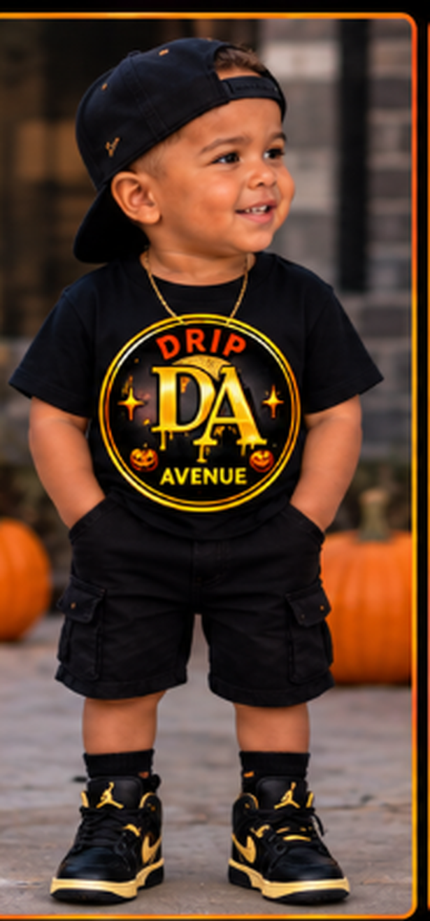 Toddler boy wearing a black Drip Avenue DA logo shirt, black shorts, a black cap, and black-and-gold sneakers