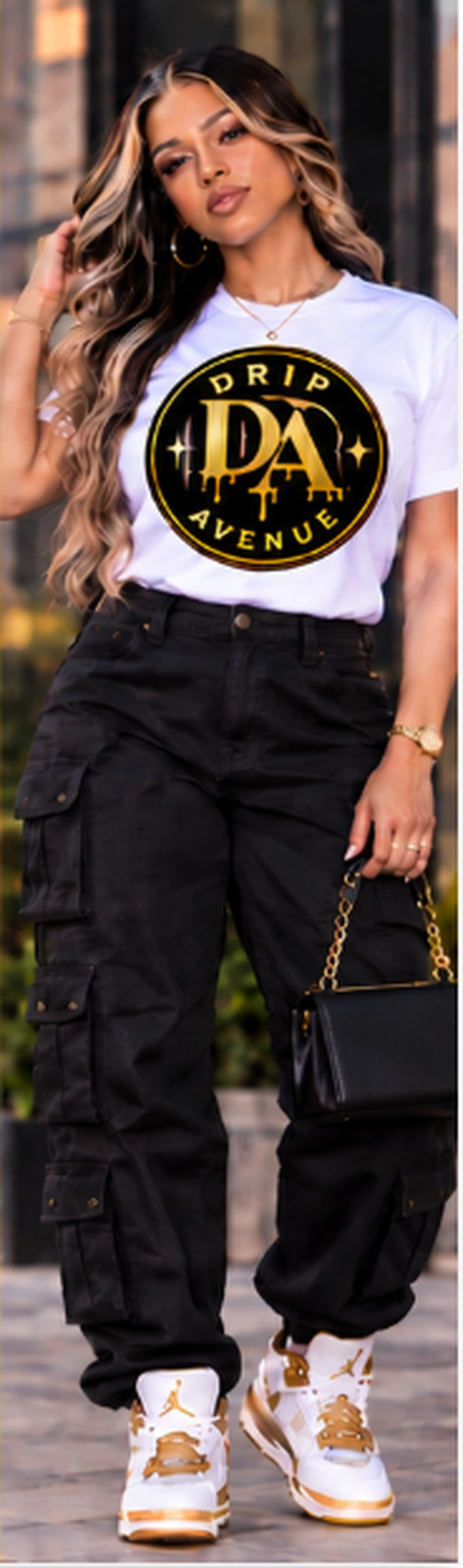 Full-body model wearing Drip Avenue women’s streetwear look 6