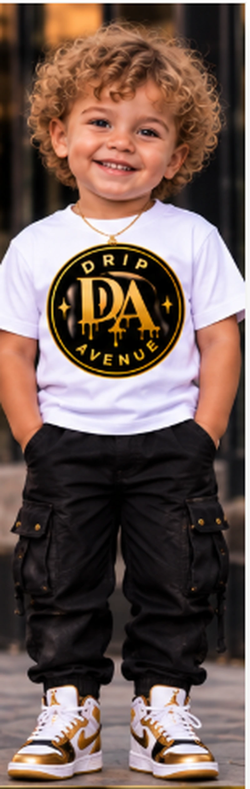 Full-body toddler model wearing Drip Avenue streetwear look 6