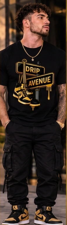 Full-body model wearing Drip Avenue men’s streetwear look 5