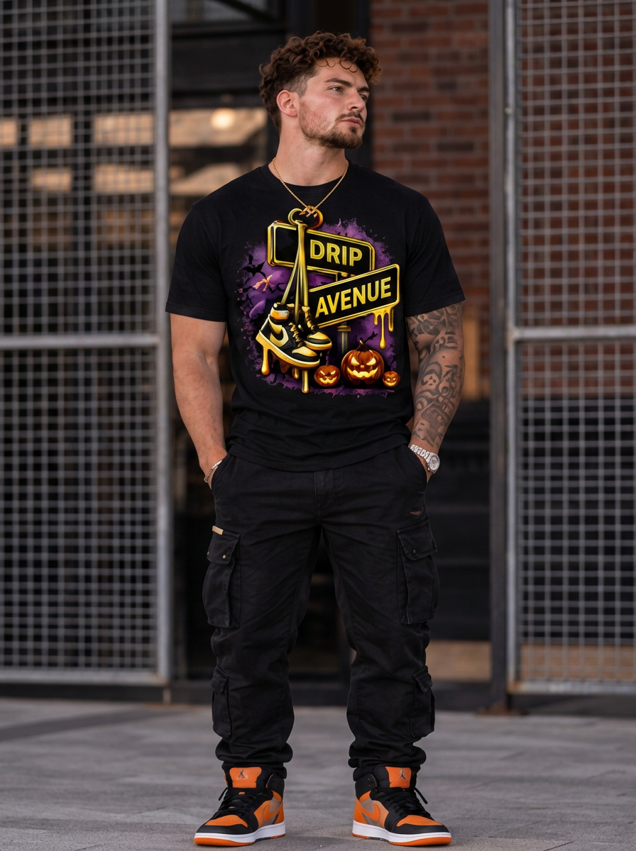 Full-body male model wearing a black Drip Avenue Halloween sneaker graphic shirt, black pants, and orange-accented sneakers