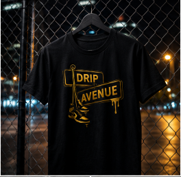 Drip Avenue graphic tee — fence backdrop
