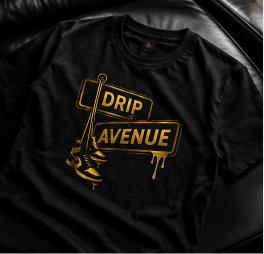 Drip Avenue graphic tee — leather backdrop