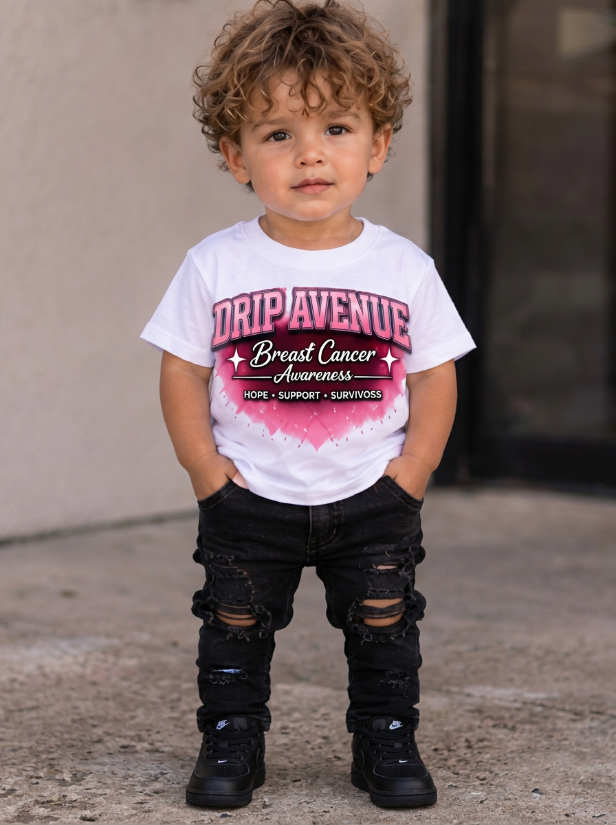 Full-body toddler boy wearing a white Drip Avenue Breast Cancer Awareness shirt, black distressed pants, and black sneakers