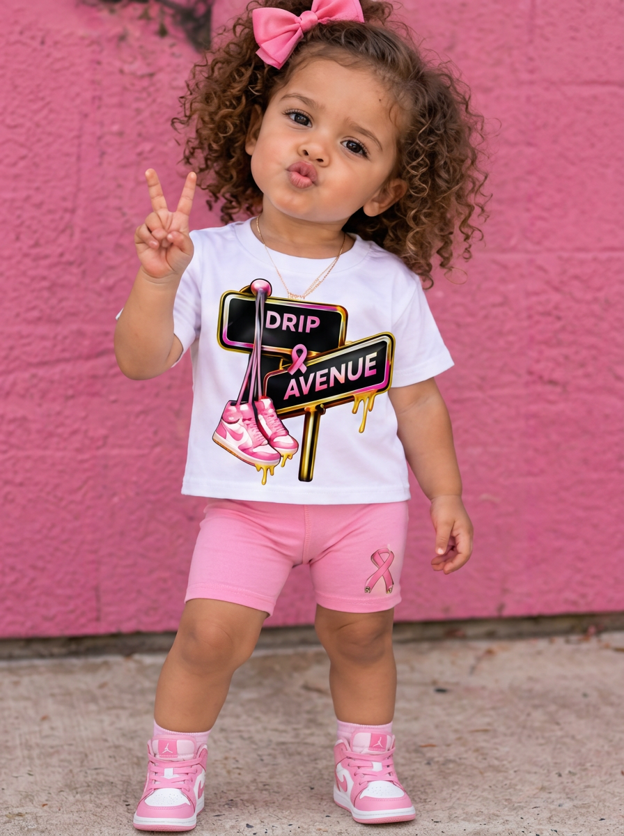 Full-body toddler girl wearing a white Drip Avenue sneaker graphic shirt, pink shorts, pink sneakers, and a pink hair bow